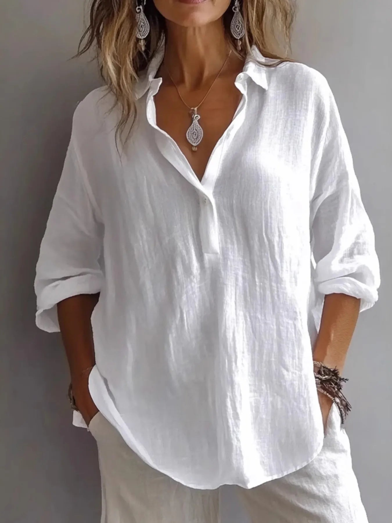 Collared Neck Long Sleeve Shirt White