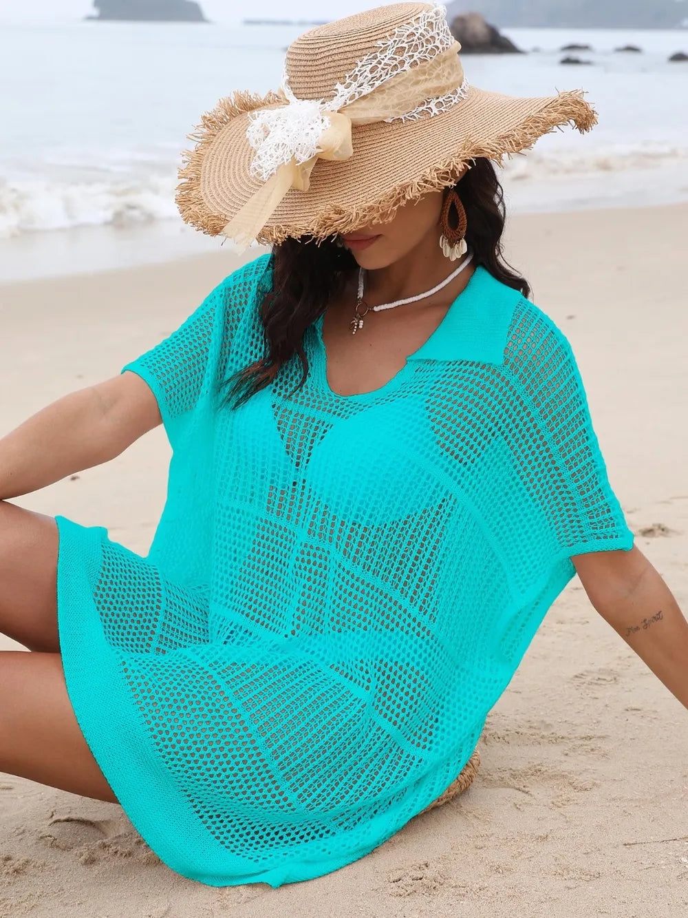 Hollow Out Collared Neck Cover-Up Aqua One Size