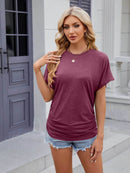 Slightly Stretchy Ruched Round Neck Short Sleeve T-Shirt for Women - Casual Basic Tops - Store 42