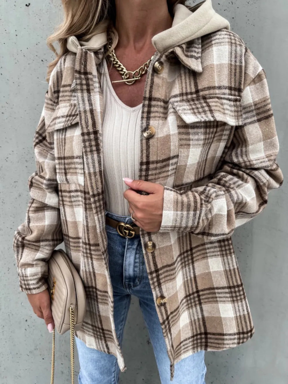 Plaid Button-Up Jacket with Removable Hood, Machine Washable, 100% Polyester
