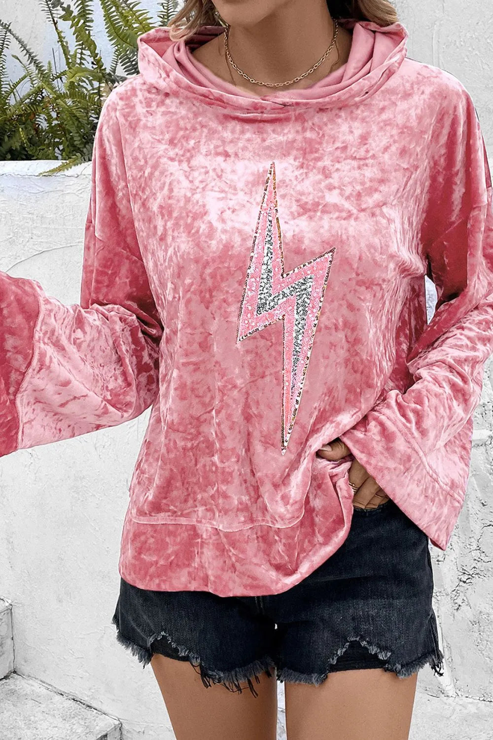 Thunderbolt Sequin Long Sleeve Hoodie for Women - Slightly Stretchy, Opaque Fabric, Trendy Style