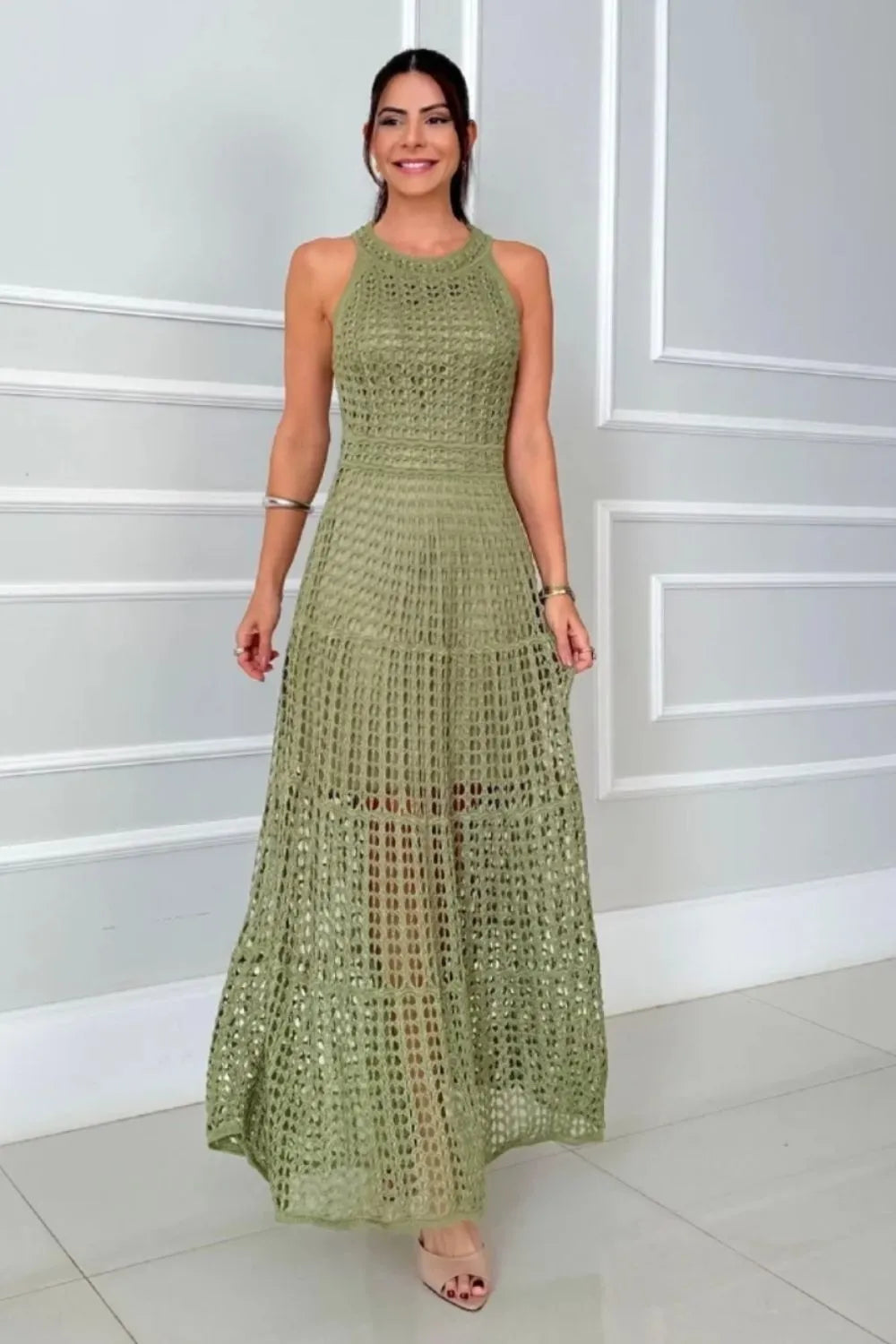 Trendsi Hollowed-Out Sleeveless Maxi Dress with Cutout Detail & Semi-Sheer Lining