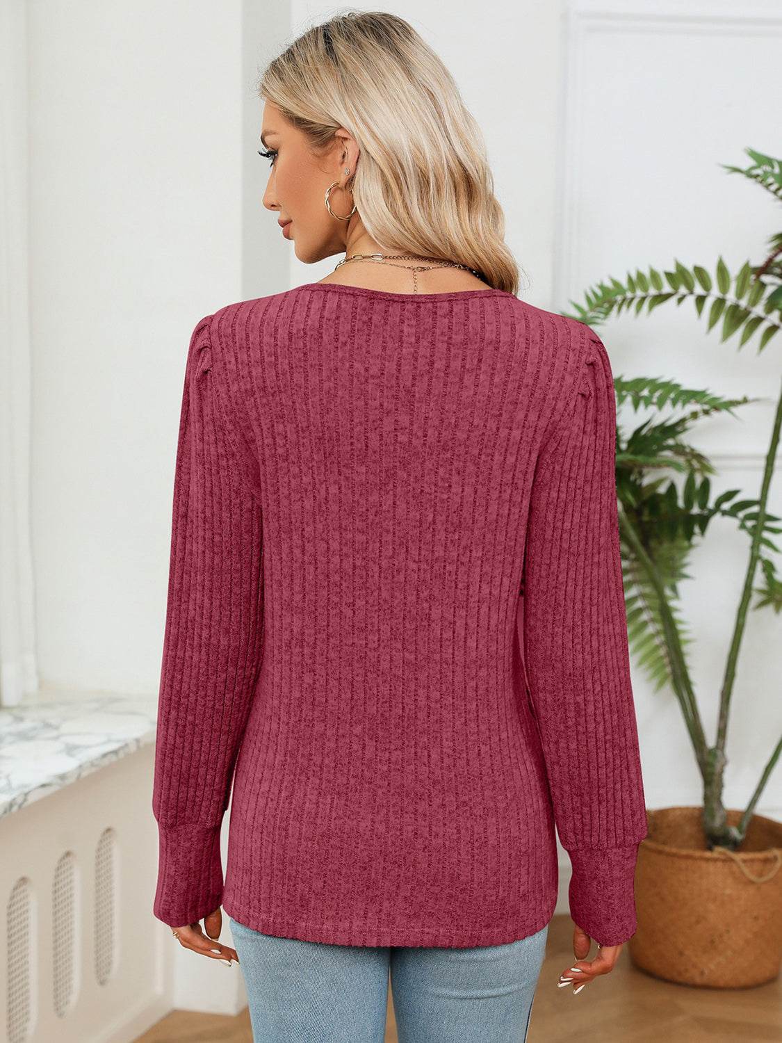 Lace Detail V-Neck Blouse with Ribbed Texture - Opaque, Slightly Stretchy Fabric - Store 42
