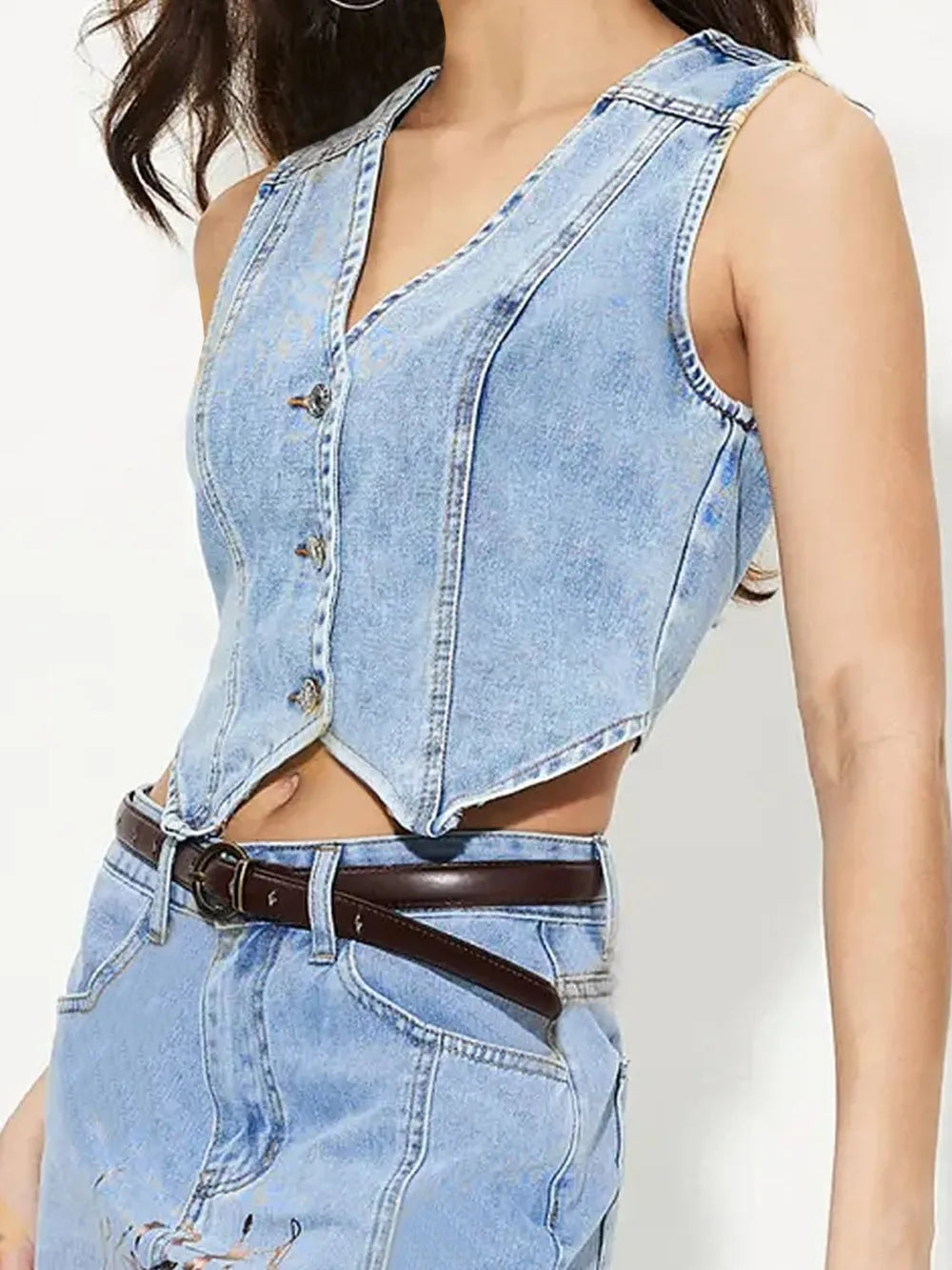 V-Neck Button-Up Denim Vest - 85% Cotton, Classic Fit, Casual Stylish Layering Piece