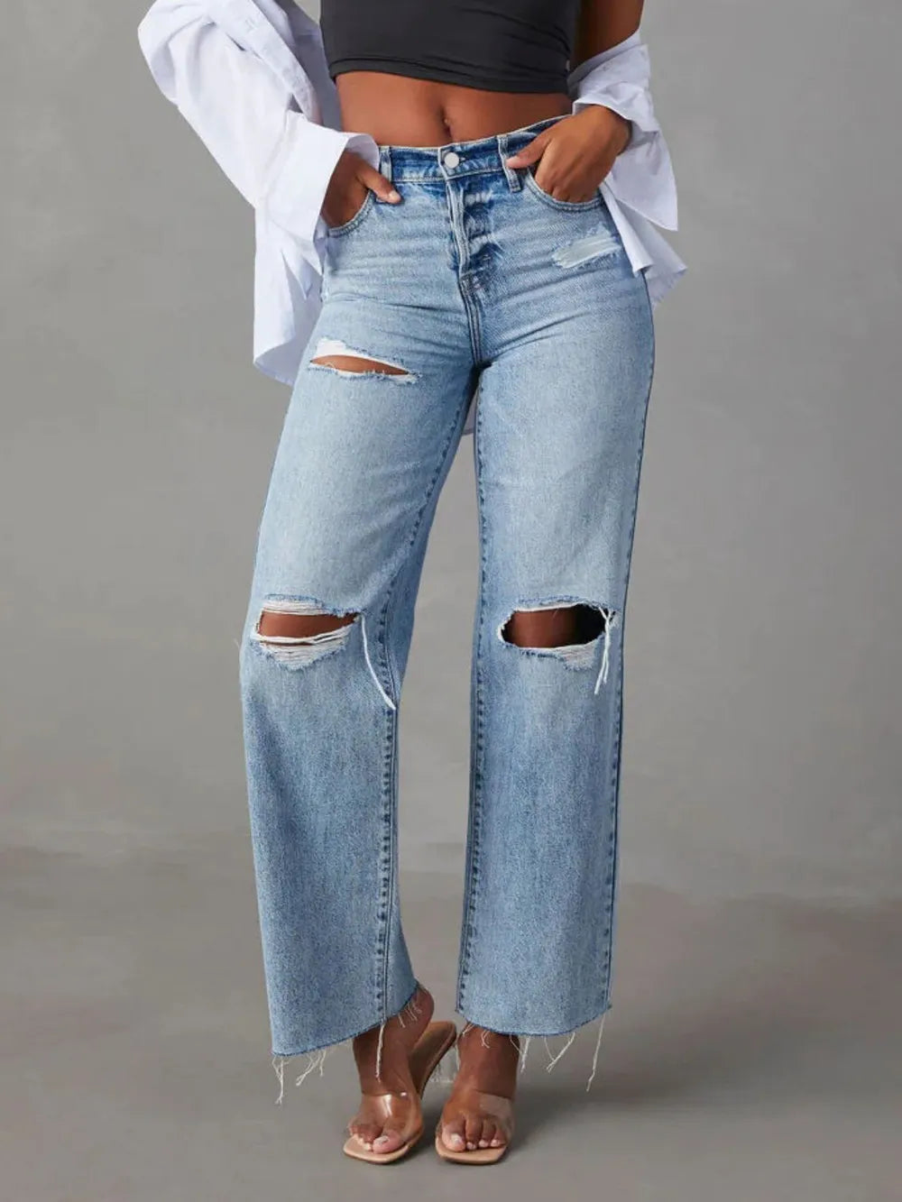 Distressed Straight Leg Jeans for Women - Buttoned with Functional Pockets, No Stretch