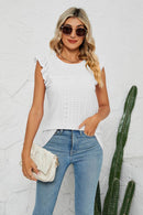 Trendy Smocked Round Neck Eyelet Top with Cap Flutter Sleeves - Casual Long Length Blouse - Store 42