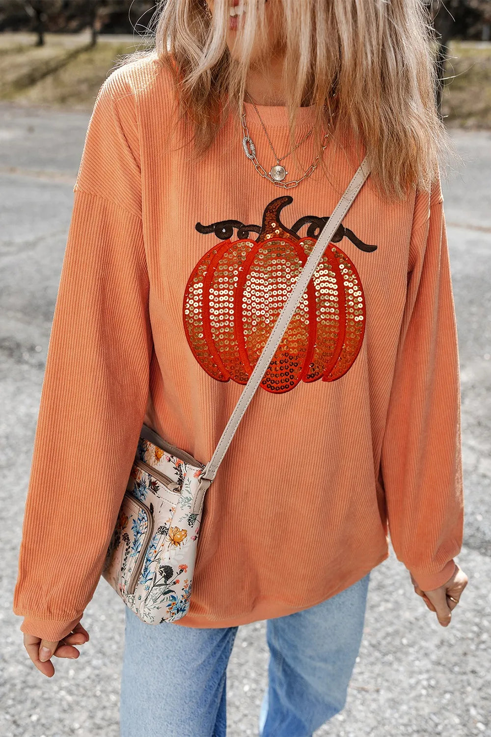 Glamorous Sequin Pumpkin Round Neck Long Sleeve Sweatshirt - 100% Polyester, No Stretch