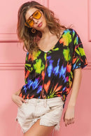 Trendy Tie Dye Print V-Neck Top in Soft Cotton - Chic Jersey Stitched Design - Store 42