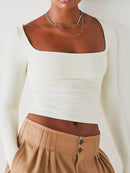 Sleek Square Neck Fitted Long Sleeve T-Shirt - Slightly Stretchy Polyester Blend - Store 42