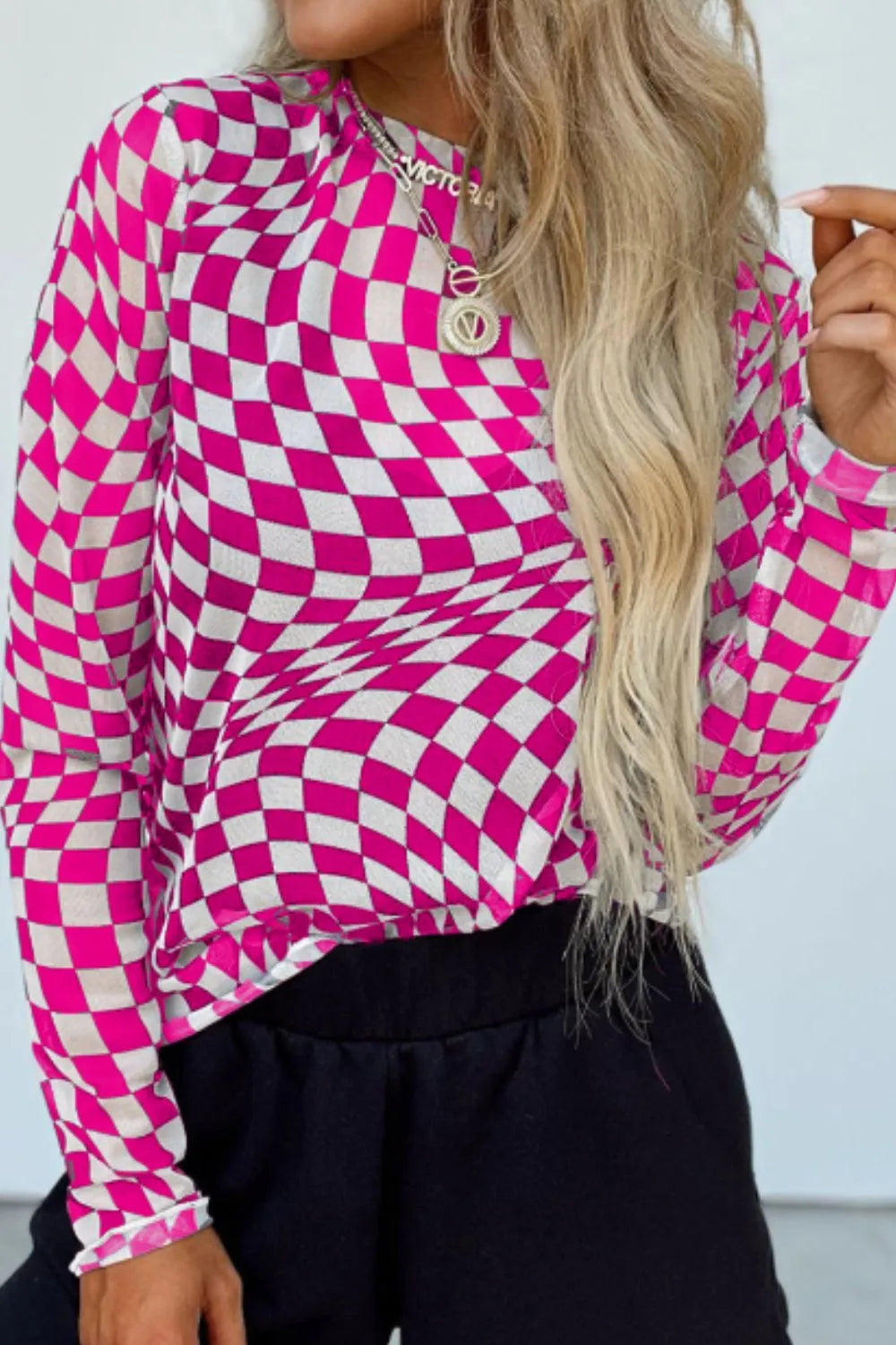 Sheer Checkered Mock Neck Long Sleeve Blouse - Slightly Stretchy Fashion Top by Trendsi