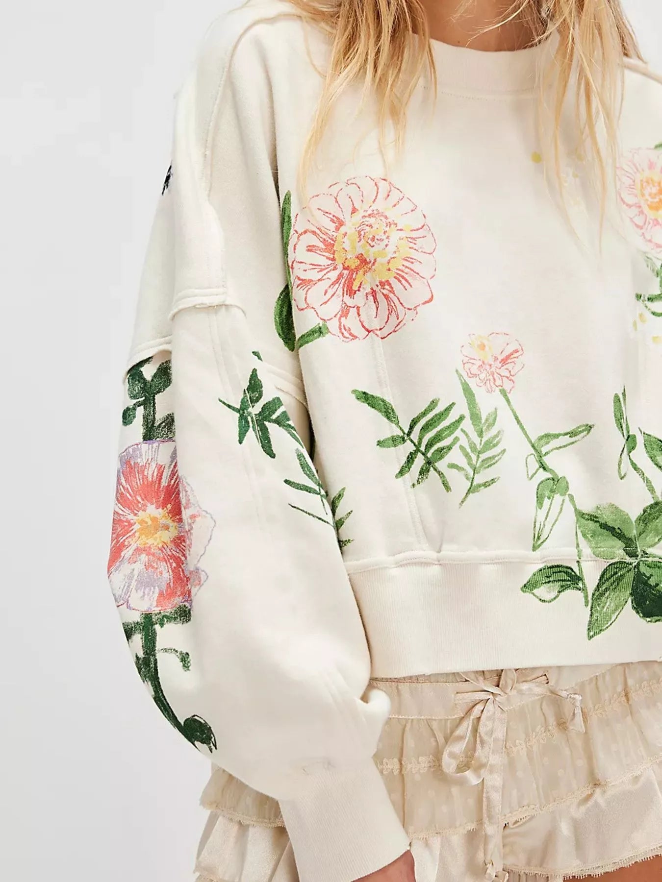 Oversized Printed Round Neck Sweatshirt with Dropped Shoulders - 100% Polyester Comfort