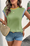 Contrast Trim Ribbed Knit Sleeveless Top Matcha Green