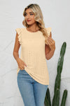 Trendy Smocked Round Neck Eyelet Top with Cap Flutter Sleeves - Casual Long Length Blouse - Store 42