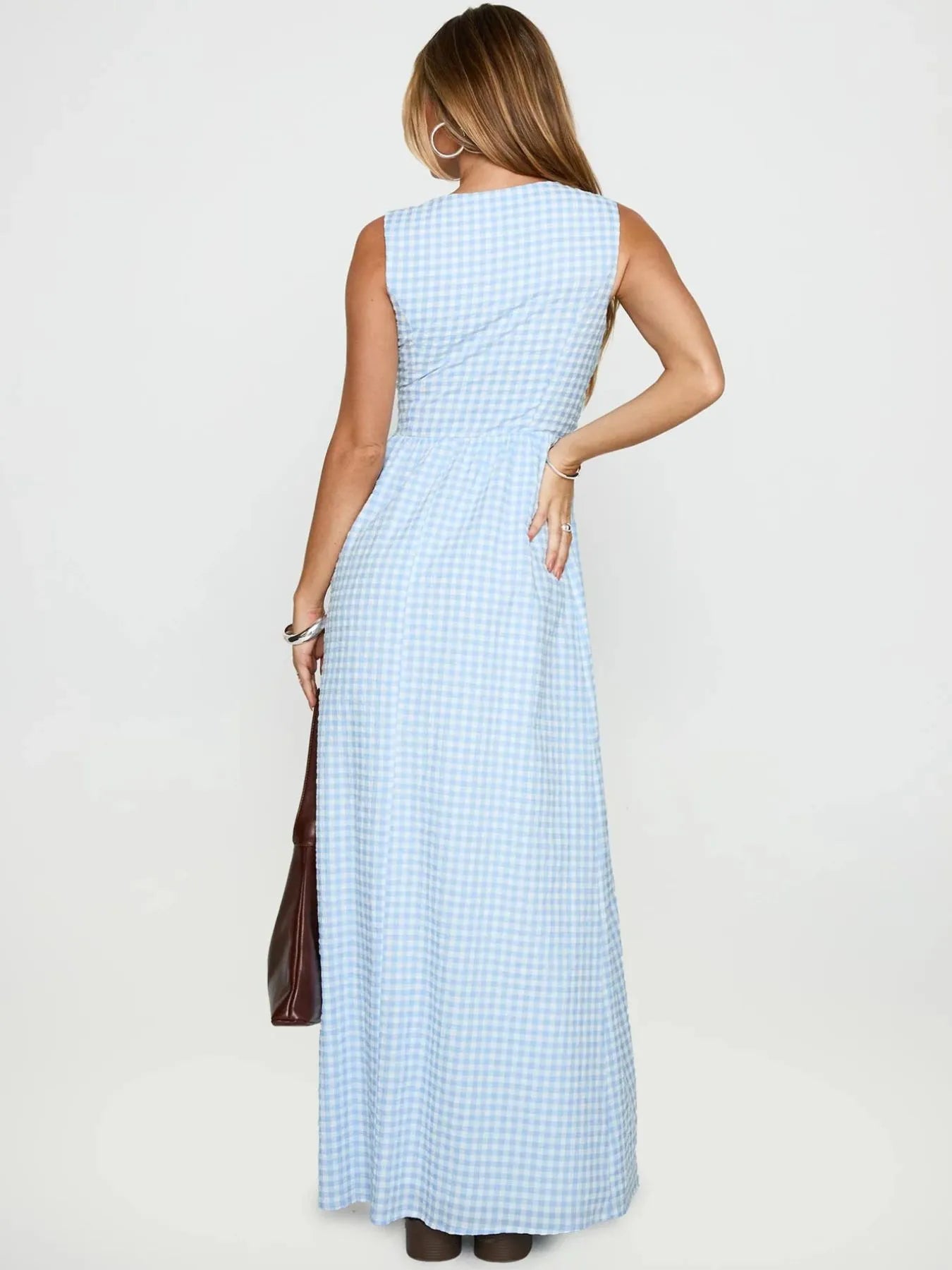 Plaid Tie Front Sleeveless Maxi Dress