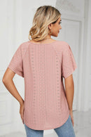 Trendsi Casual Eyelet Tie-Neck Flutter Sleeve Top in Solid Color - Slightly Stretchy V-Neck Design - Store 42