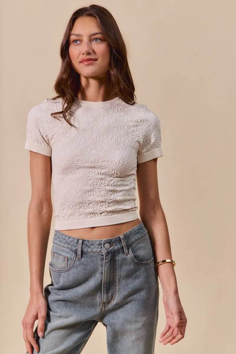 Trendsi Floral Pattern Seamless Short Sleeve Top - Comfortable & Stylish Ribbed Design - Store 42