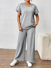 Round Neck Short Sleeve Top and Pants Set Light Gray
