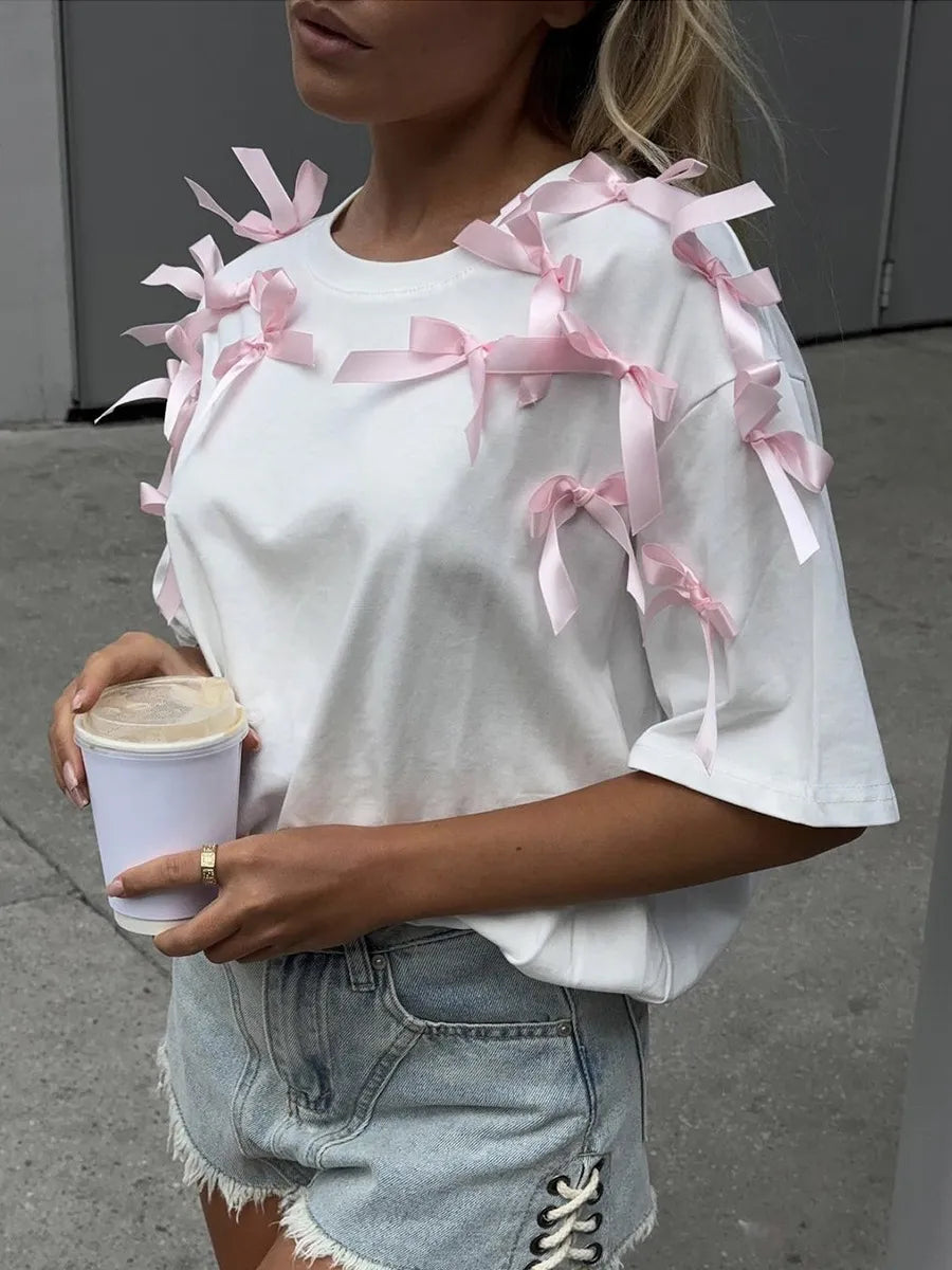 Trendsi Oversized Bow Short Sleeve T-Shirt - 100% Polyester, Machine Washable, Stylish Comfort