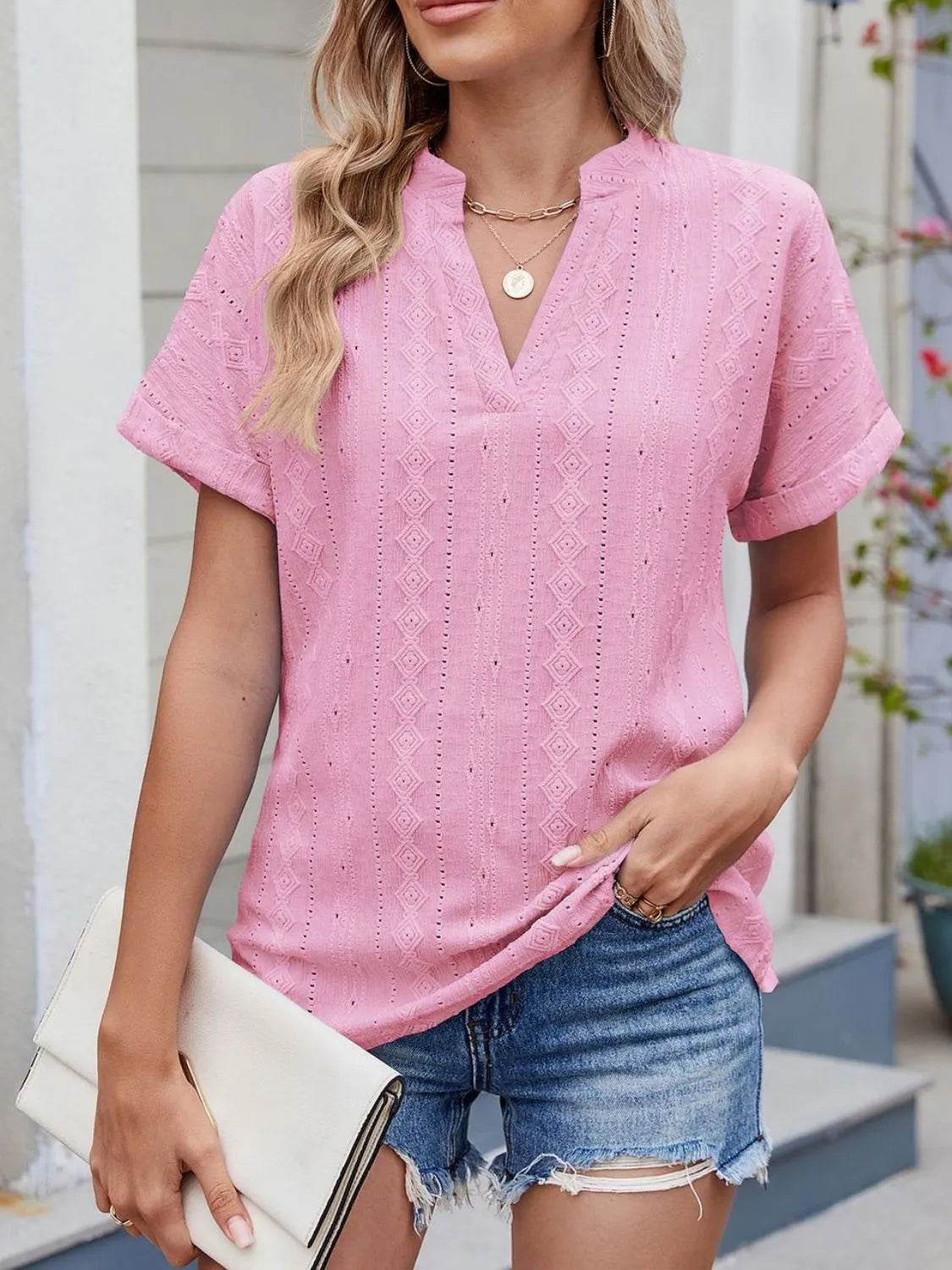 Trendy Eyelet Notched Short Sleeve Top in 65% Rayon - Stylish & Versatile Women's Wear - Store 42
