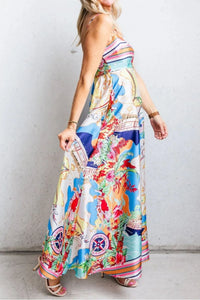 Smocked Back Printed Square Neck Maxi Cami Dress with Pockets
