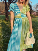 Plaid V-Neck Puff Sleeve Dress