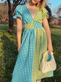 Plaid V-Neck Puff Sleeve Dress