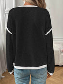 Slightly Stretchy Ribbed Long Sleeve Top with Contrast Trim - Elegant Basic Style - Store 42