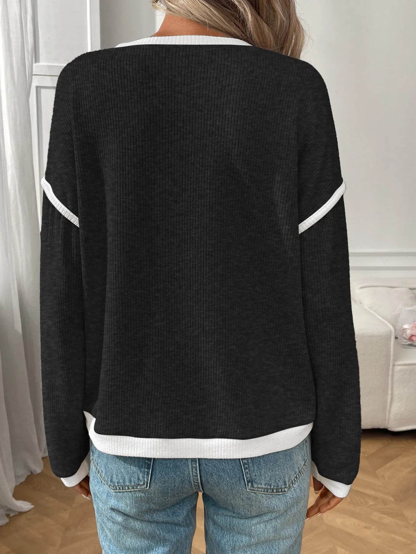 Slightly Stretchy Ribbed Long Sleeve Top with Contrast Trim - Elegant Basic Style - Store 42