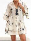 Printed Collared Neck Three-Quarter Sleeve Mini Dress Beige