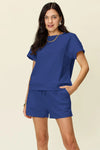 Double Take Full Size Texture Short Sleeve T-Shirt and Drawstring Shorts Set Royal Blue