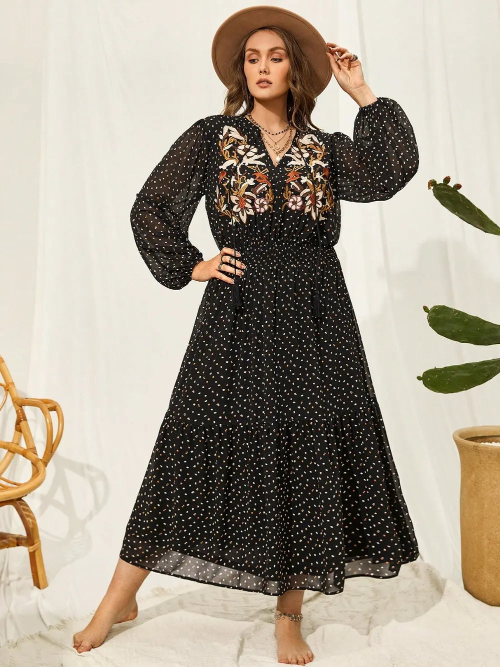 Plus Size Embroidered Tassel Dress with Balloon Sleeves – Lined & Opaque Fabric