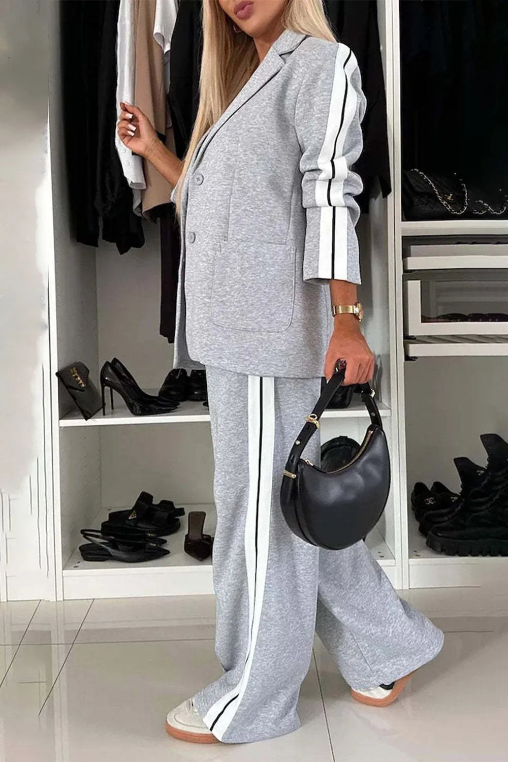 Trendy 2-Piece Full Size Set: Contrast Lapel Collar Top and Pants, Buttoned & Pocketed Style
