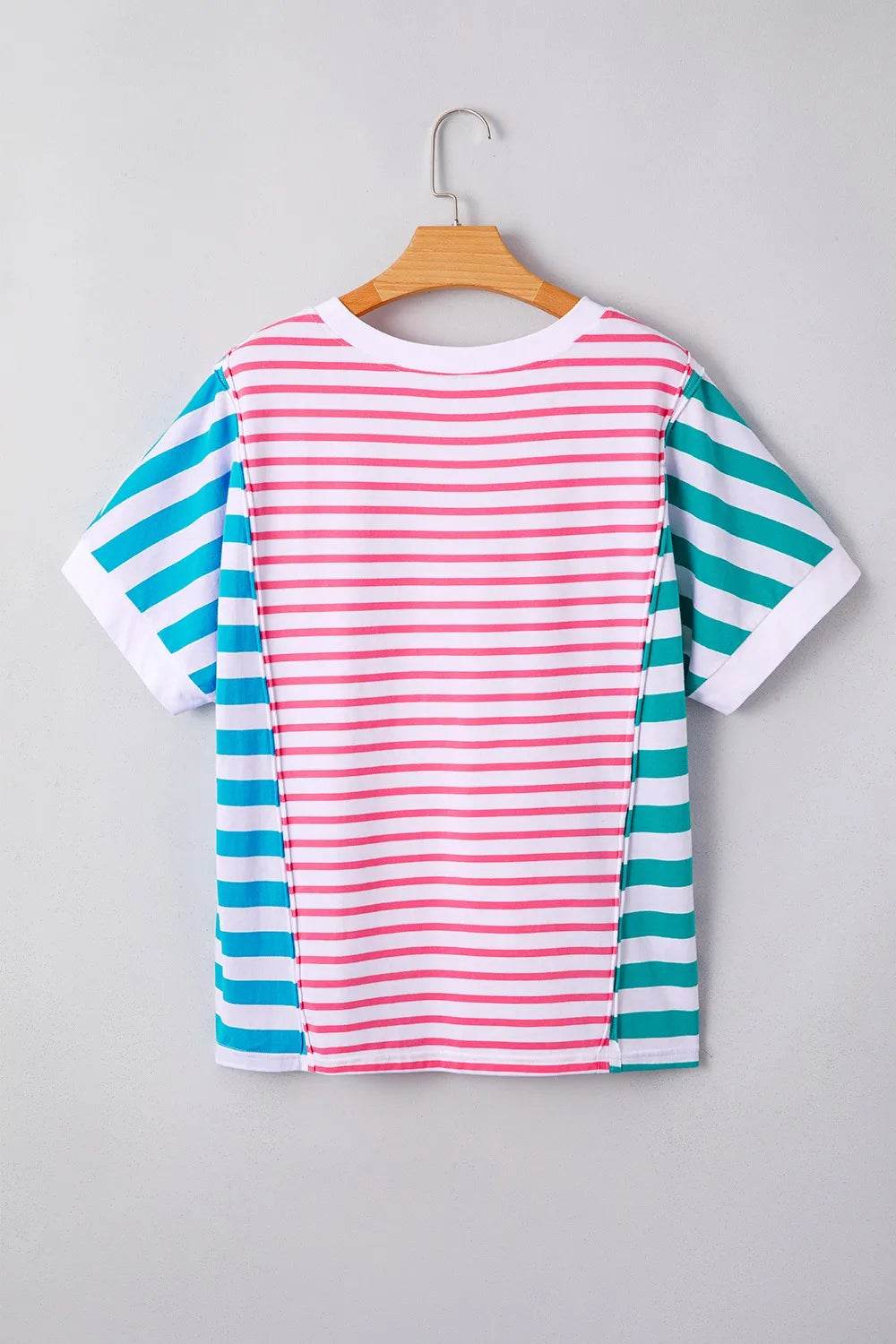 Trendy Color Block Striped Batwing Sleeve T-Shirt in Soft Cotton Blend - Slightly Stretchy Fit - Store 42