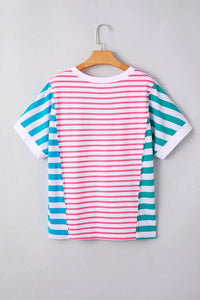 Trendy Color Block Striped Batwing Sleeve T-Shirt in Soft Cotton Blend - Slightly Stretchy Fit - Store 42