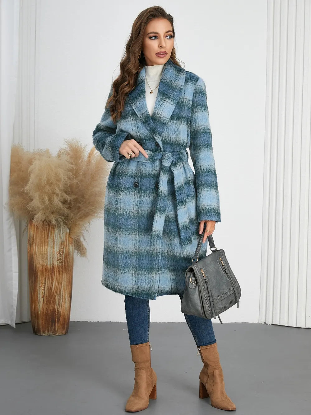 Plaid Long Sleeve Coat With Tie Waist - 100% Polyester, Comfortable & Fashionable