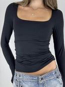 Fitted Long Sleeve T-Shirt with Square Neck - Stretchy Polyester Blend - Trendsi - Store 42