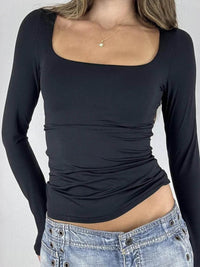 Fitted Long Sleeve T-Shirt with Square Neck - Stretchy Polyester Blend - Trendsi - Store 42