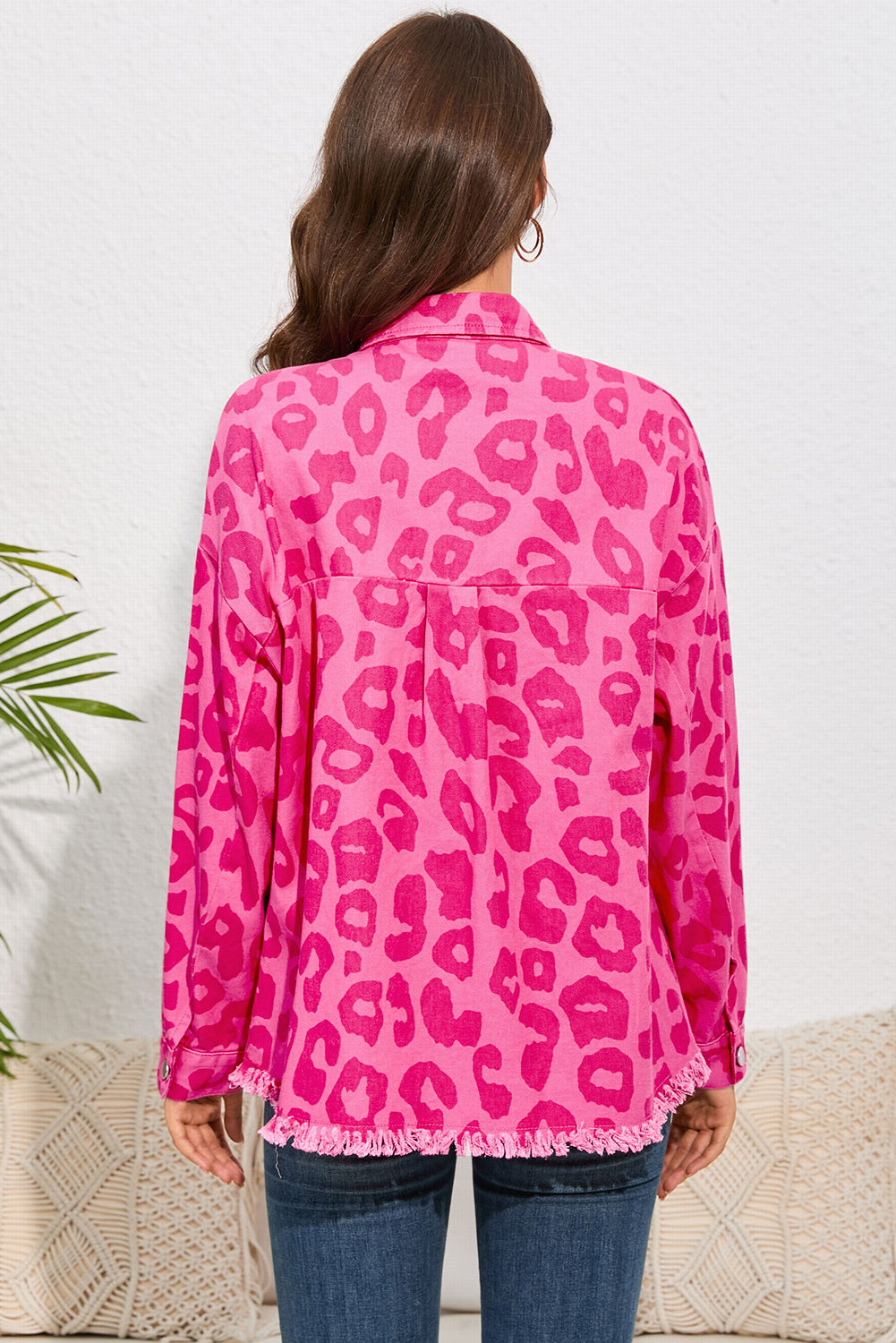 Trendy Leopard Print Raw Hem Jacket with Pockets - 100% Cotton, Normal Thickness