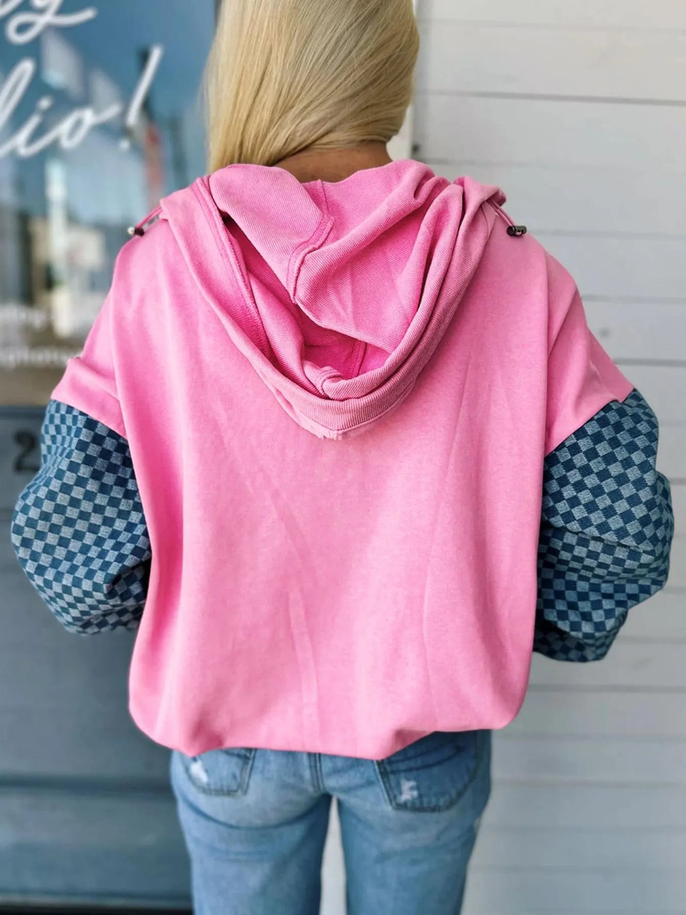 Trendy Half Zip Hoodie With Checkered Sleeves, Pocketed, Slightly Stretchy Fabric