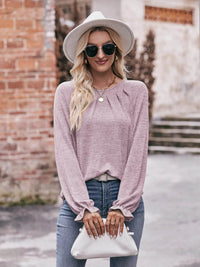 Slightly Stretchy Ruched Round Neck Long Sleeve T-Shirt - Casual Everyday Essential - Store 42