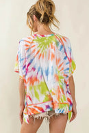 BiBi Tie Dye Print Jersey Top with Unique Uneven Hem - Casual Bohemian Style - Store 42