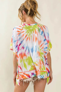 BiBi Tie Dye Print Jersey Top with Unique Uneven Hem - Casual Bohemian Style - Store 42