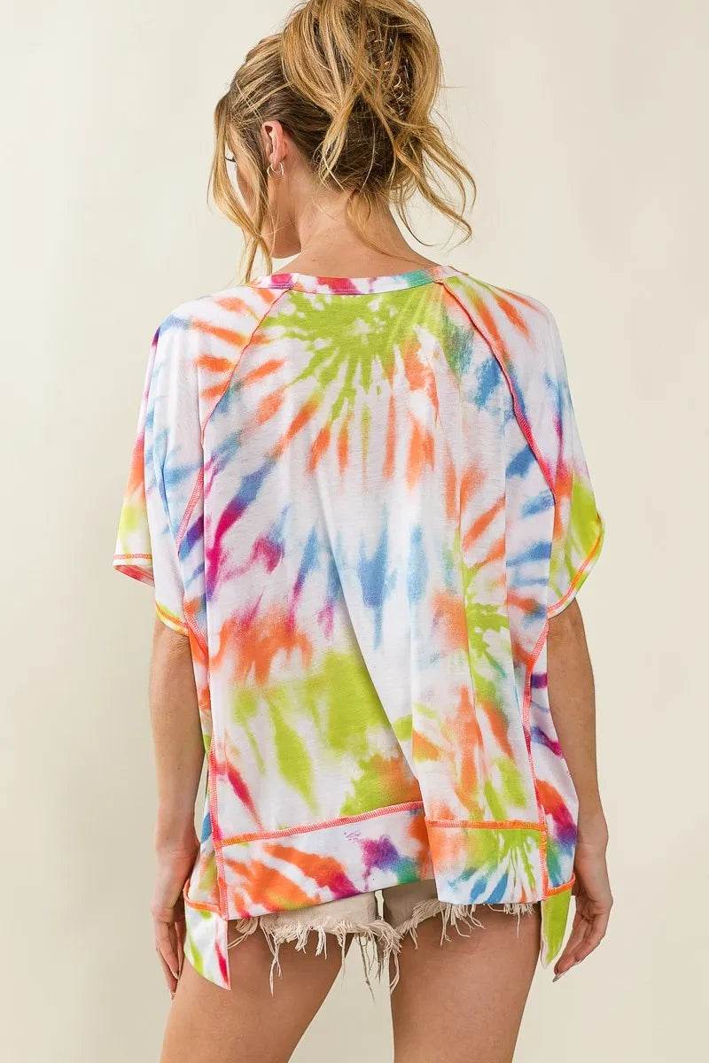 BiBi Tie Dye Print Jersey Top with Unique Uneven Hem - Casual Bohemian Style - Store 42