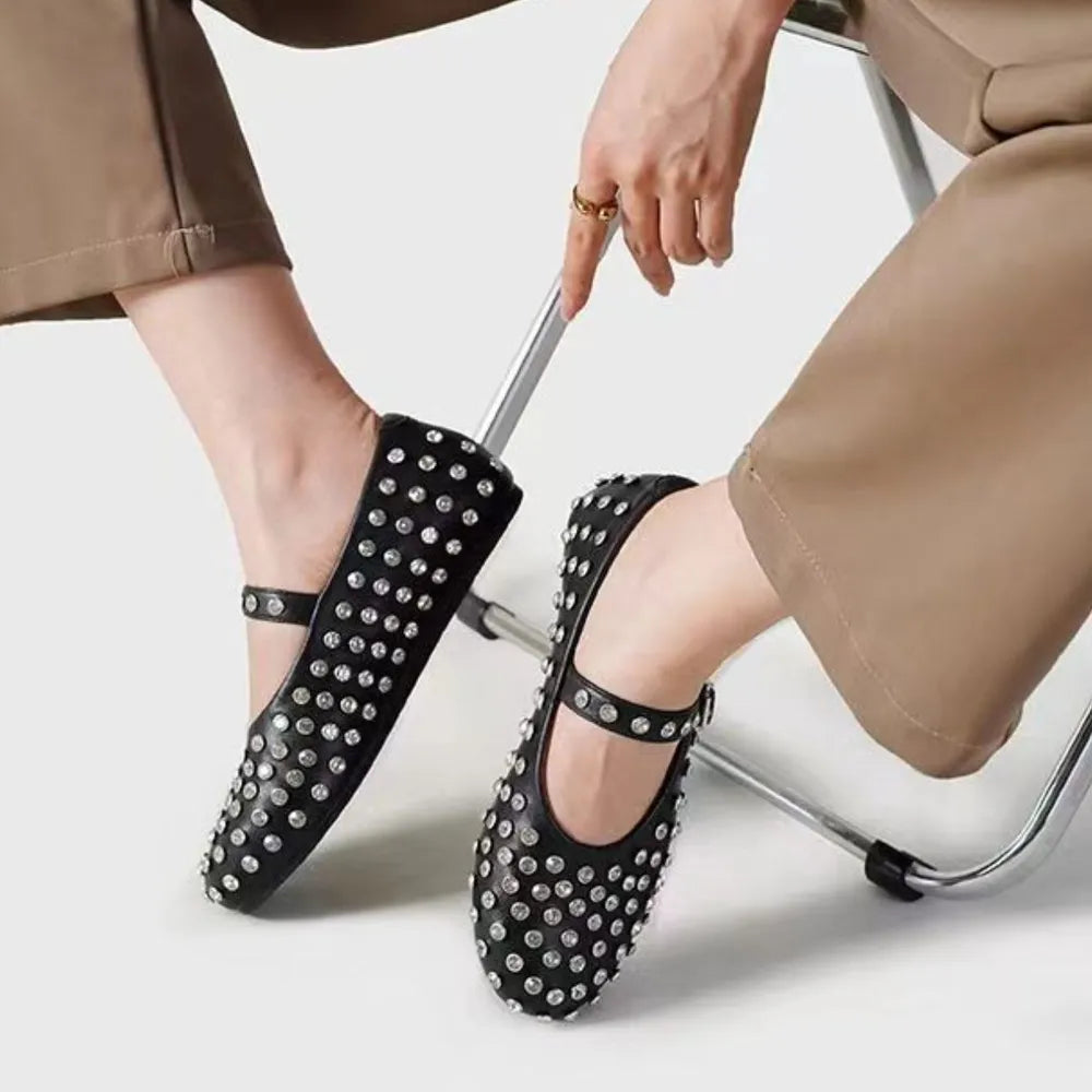 Stylish PU Leather Studded Flat Loafers for Women - Comfortable Everyday Shoes