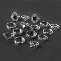 15-Piece Vintage Alloy Ring Set with Synthetic Black Sapphire | Unique Boho Accessories - Store 42