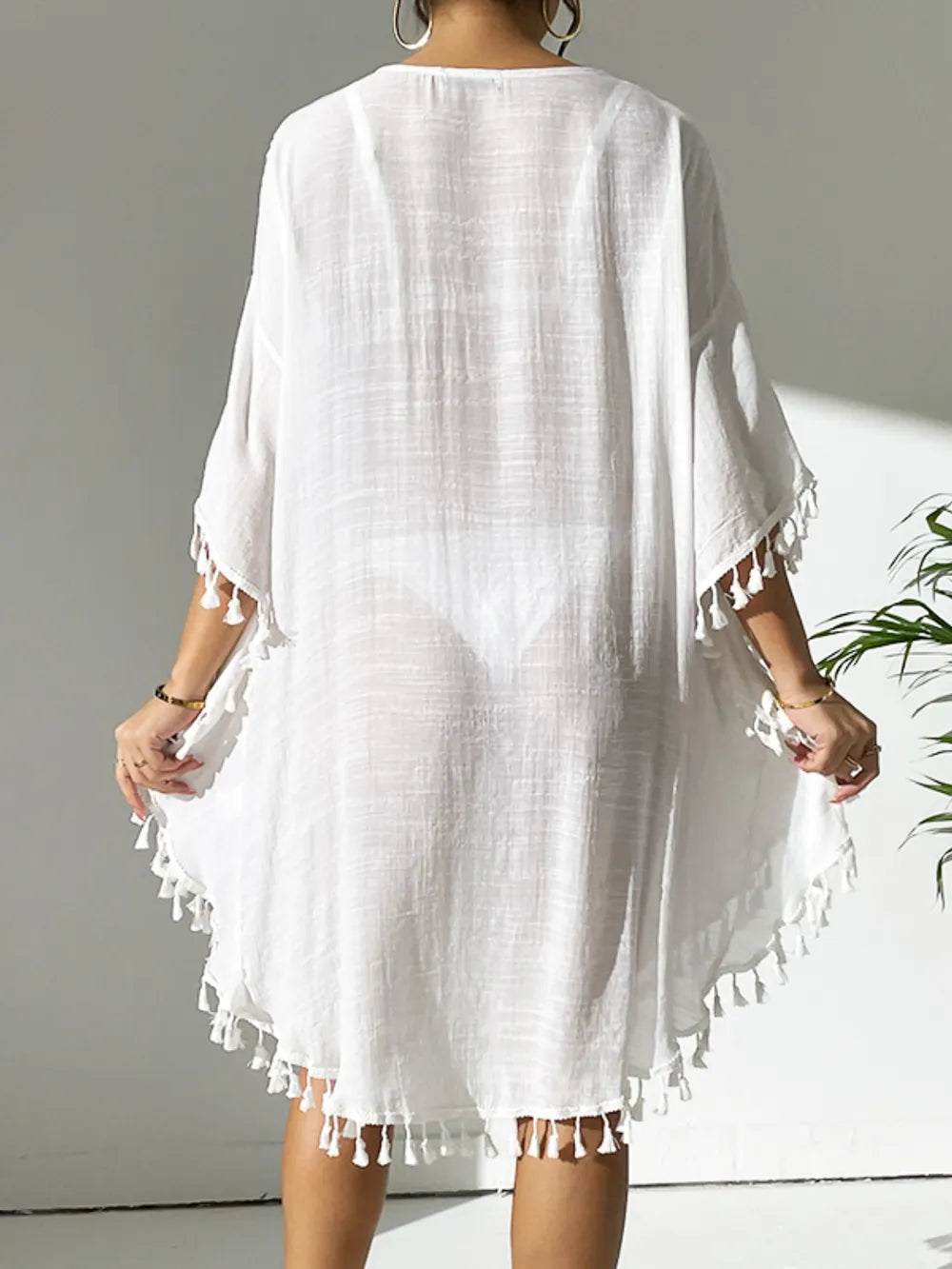 Trendsi Tassel Cutout Semi-Sheer Scoop Neck Cover-Up Dress for Beach & Pool