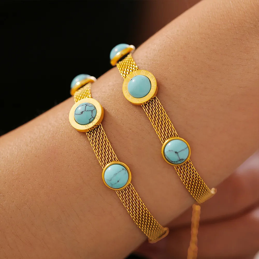 Turquoise & Gold-Plated Titanium Steel Bracelet - Elegant 5.9-Inch Design with Extension