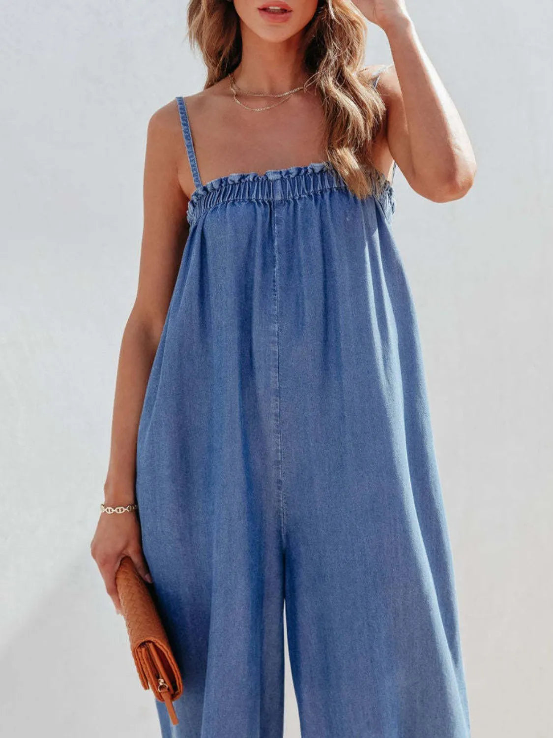 Trendy Spaghetti Strap Wide Leg Denim Jumpsuit with Pockets - Perfect for Casual Style