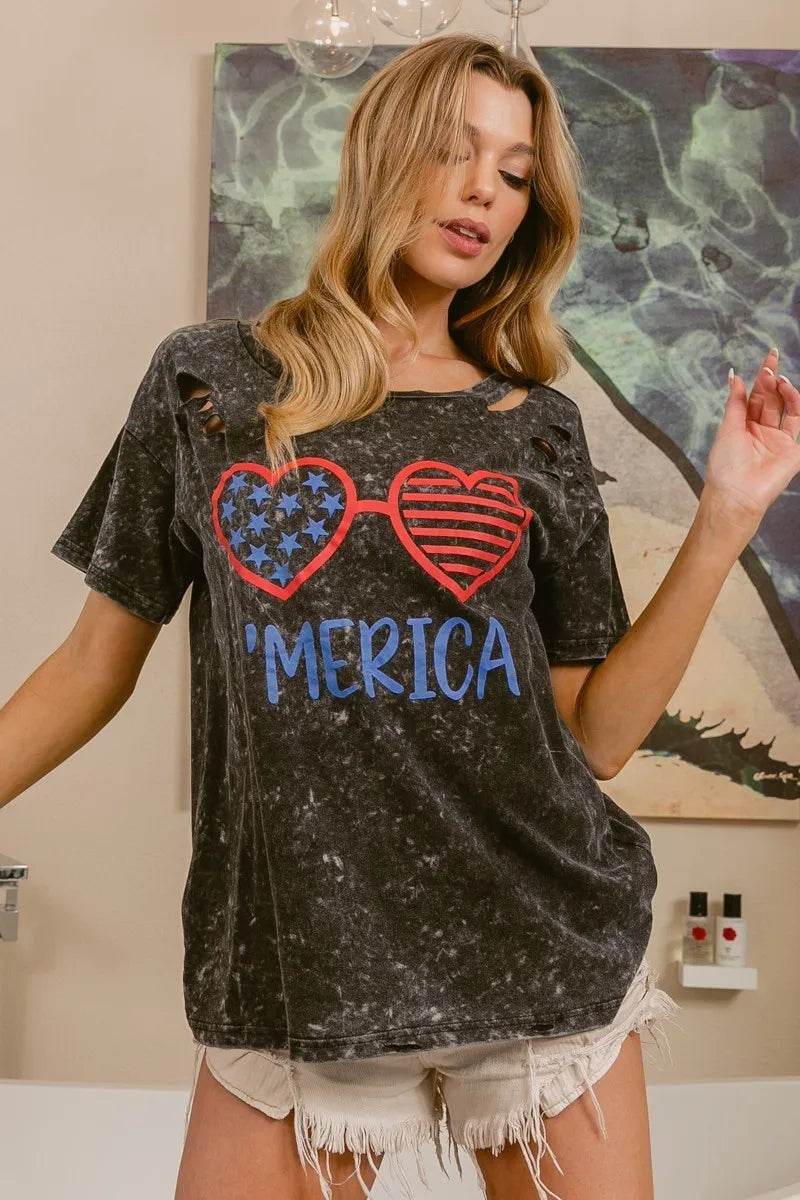 BiBi 4th Of July Theme Mineral Washed Laser Cut Top - Store 42