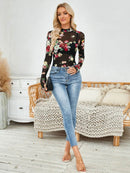 Floral Mock Neck Long Sleeve Top for Women - Slightly Stretchy, Comfortable Polyester Blend - Store 42